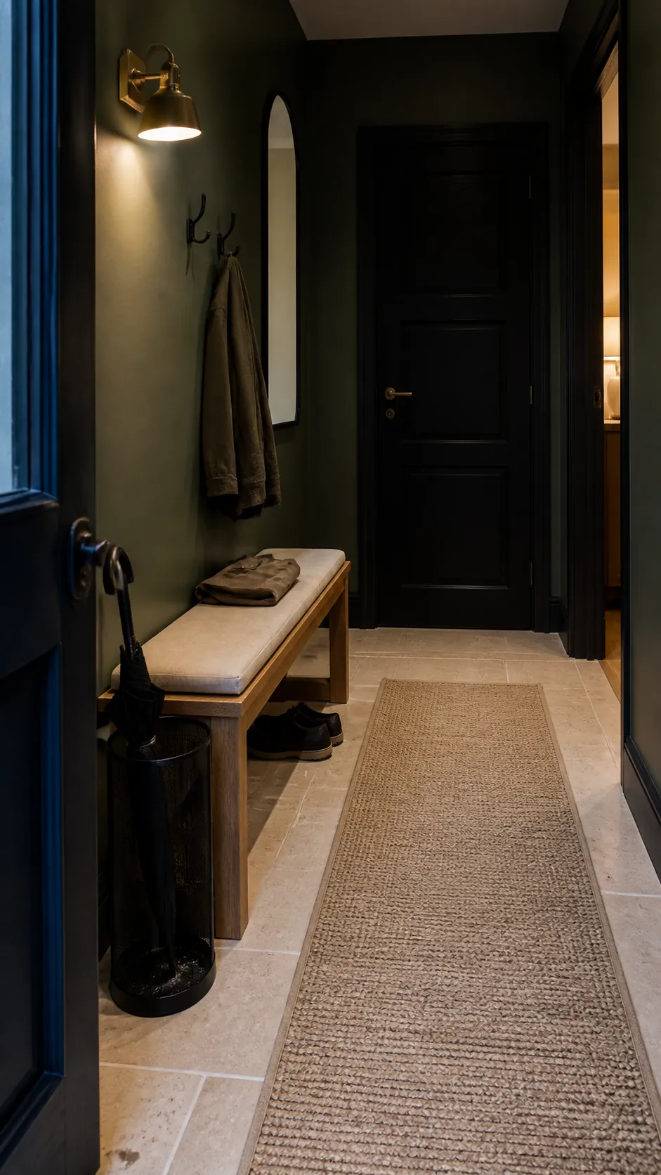 Dark green and black entryway lifted by pale stone flooring and layered lighting