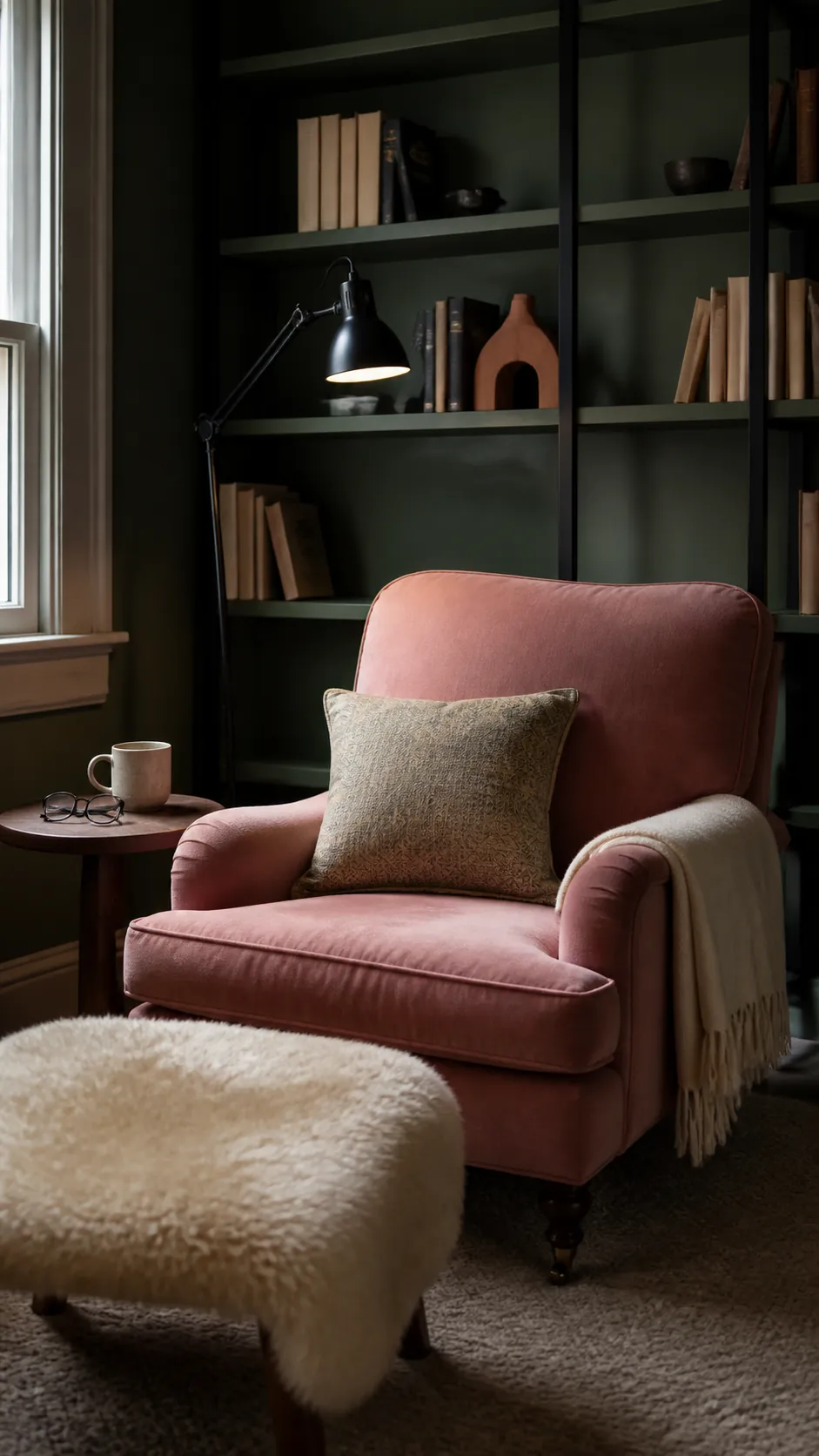 Moody green interior palette softened by a clay pink chair and cream textiles