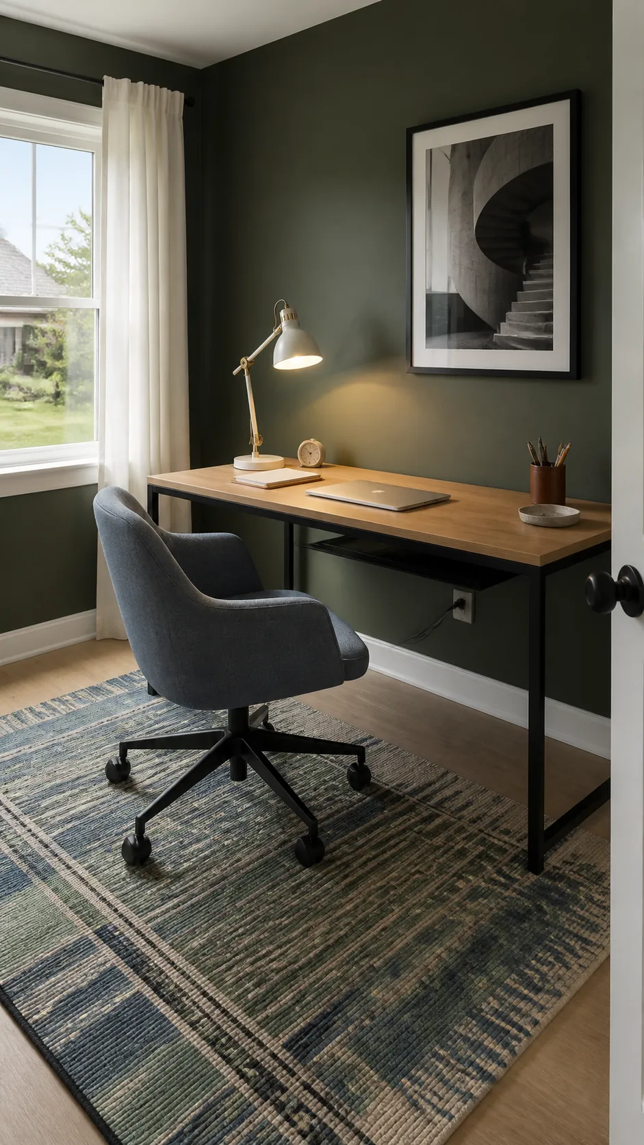 Dark green office with black furniture, muted blue rug, and warm oak details