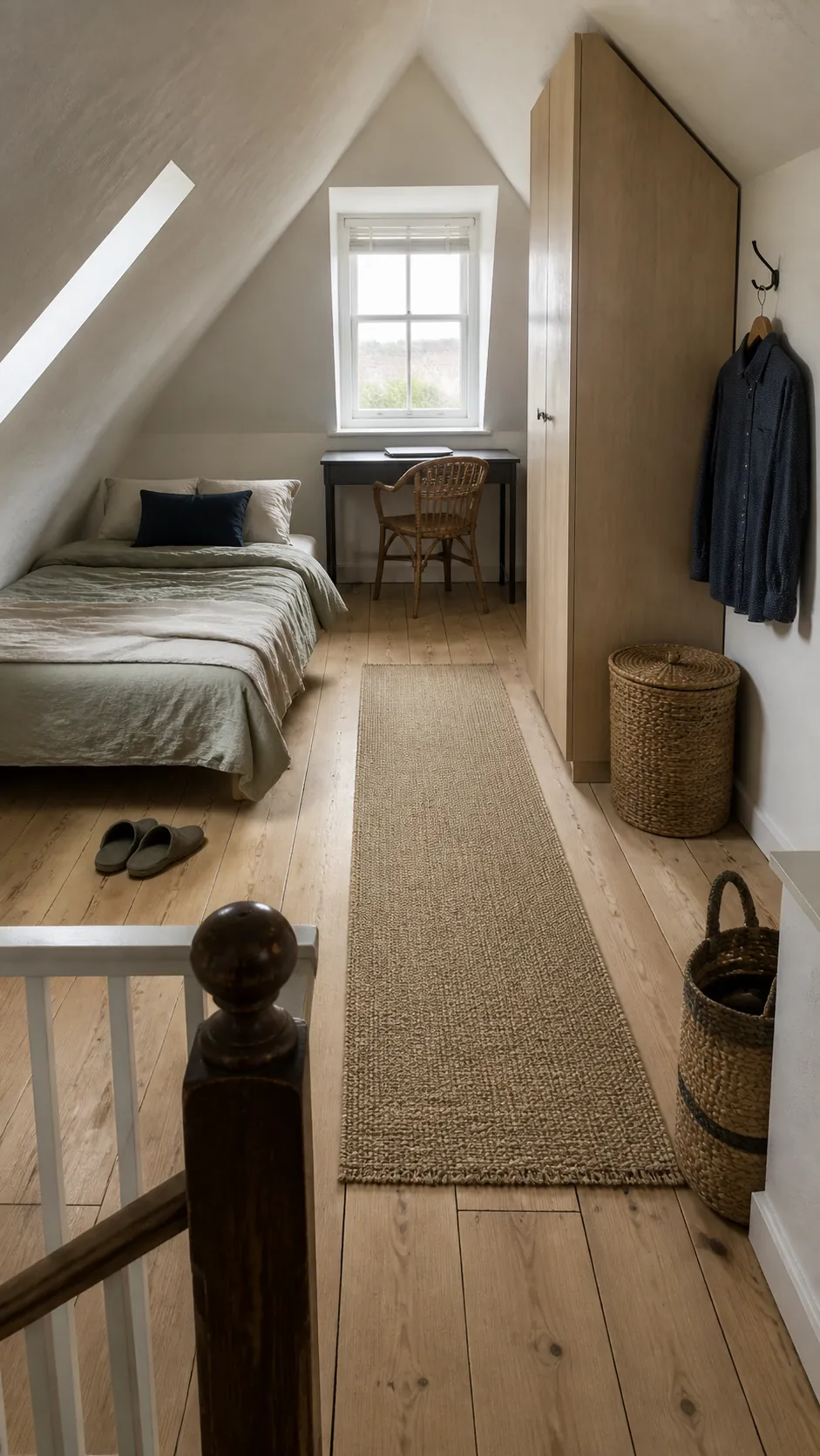 Attic bedroom organized into clear sleeping work and dressing zones