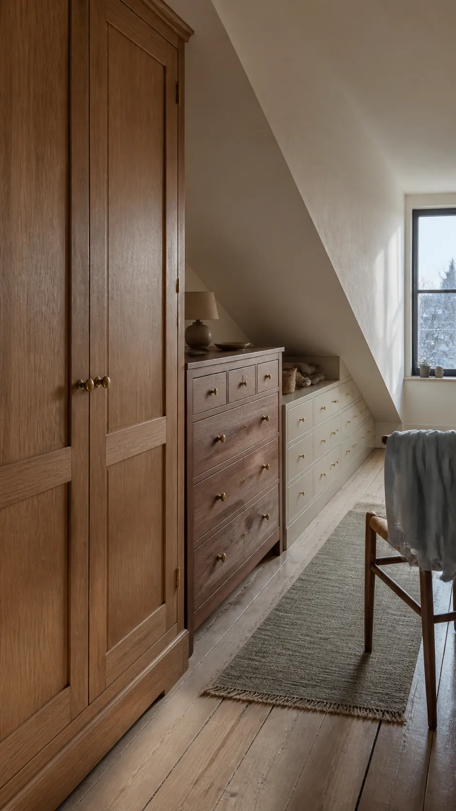 Attic bedroom storage arranged by tall medium and low headroom