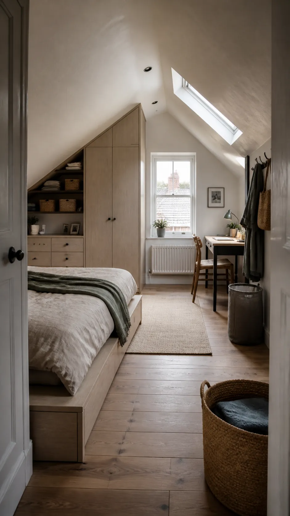 Organized attic bedroom with fitted eaves storage and a clear walkway