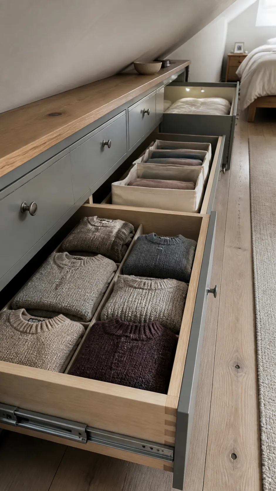 Organized under-eaves drawers with folded clothes and bedding