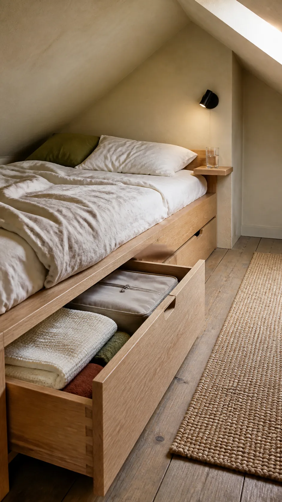 Attic platform bed with organized hidden drawers beneath