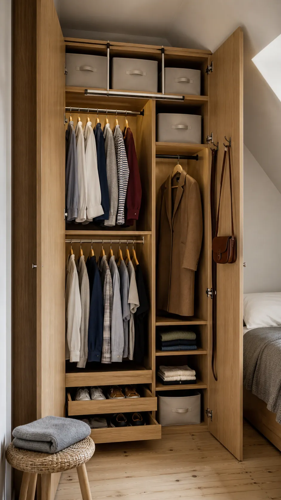 Efficient attic wardrobe interior with rails shelves and labeled bins