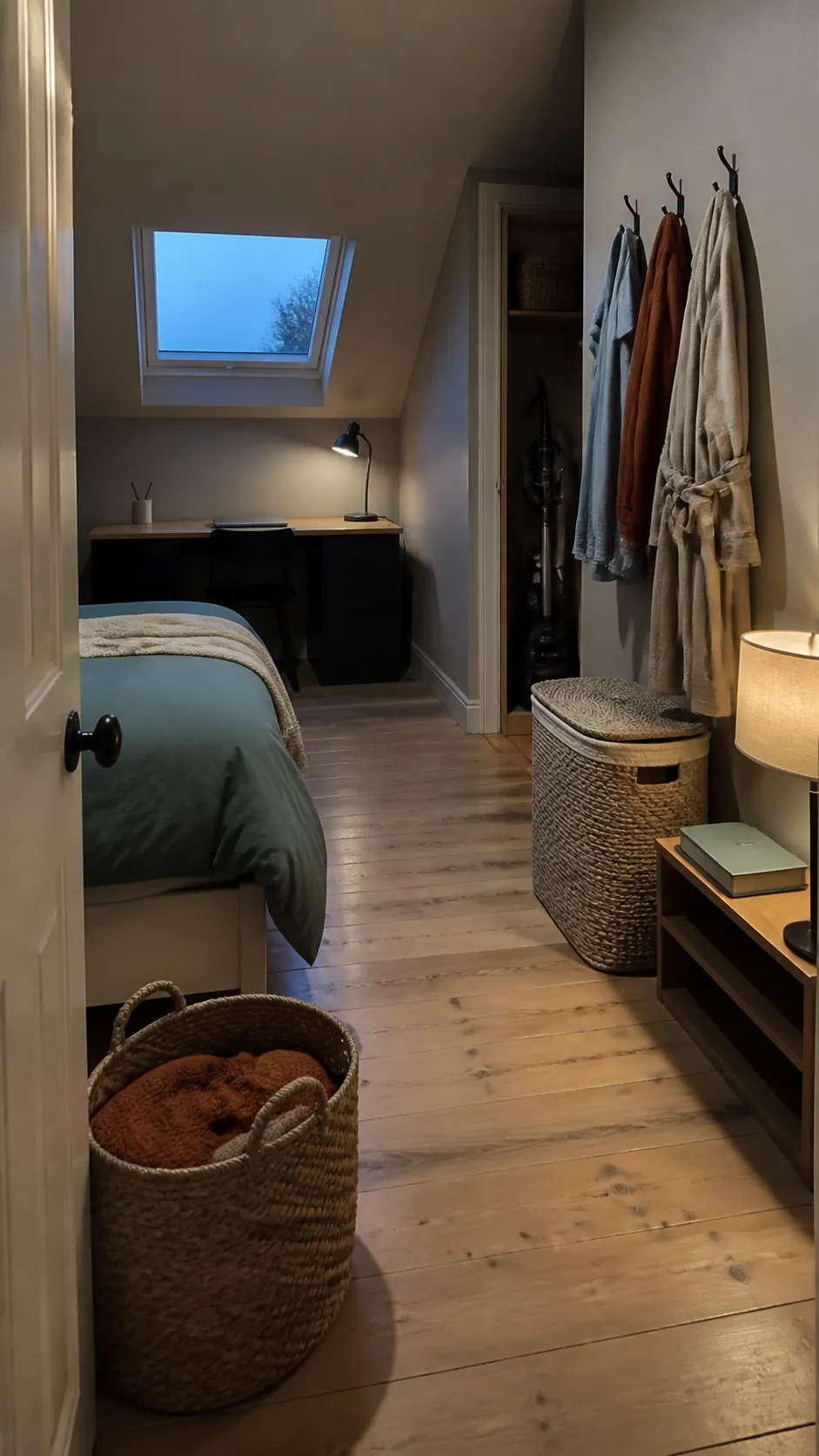 Tidy attic bedroom with a simple hamper hooks and reset basket
