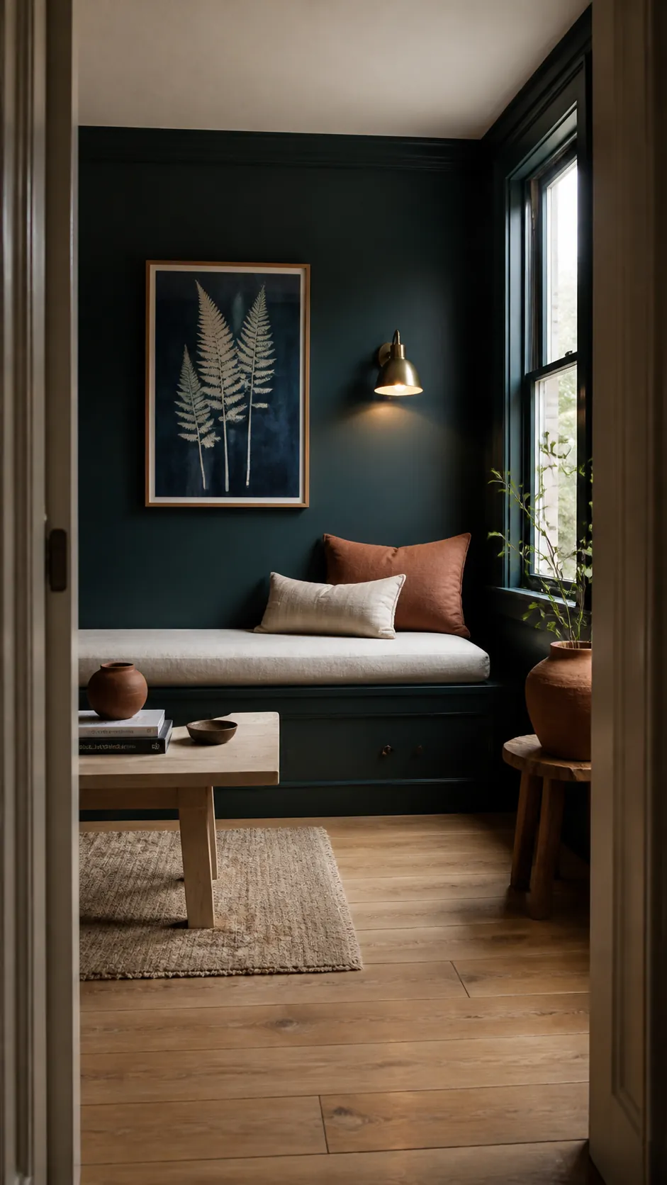 Midnight green interior showing its deep blue-green character with cream, wood, brass, and dusty pink