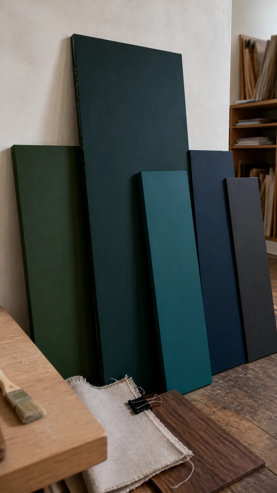 Midnight green sample compared with forest green, deep teal, navy, and charcoal