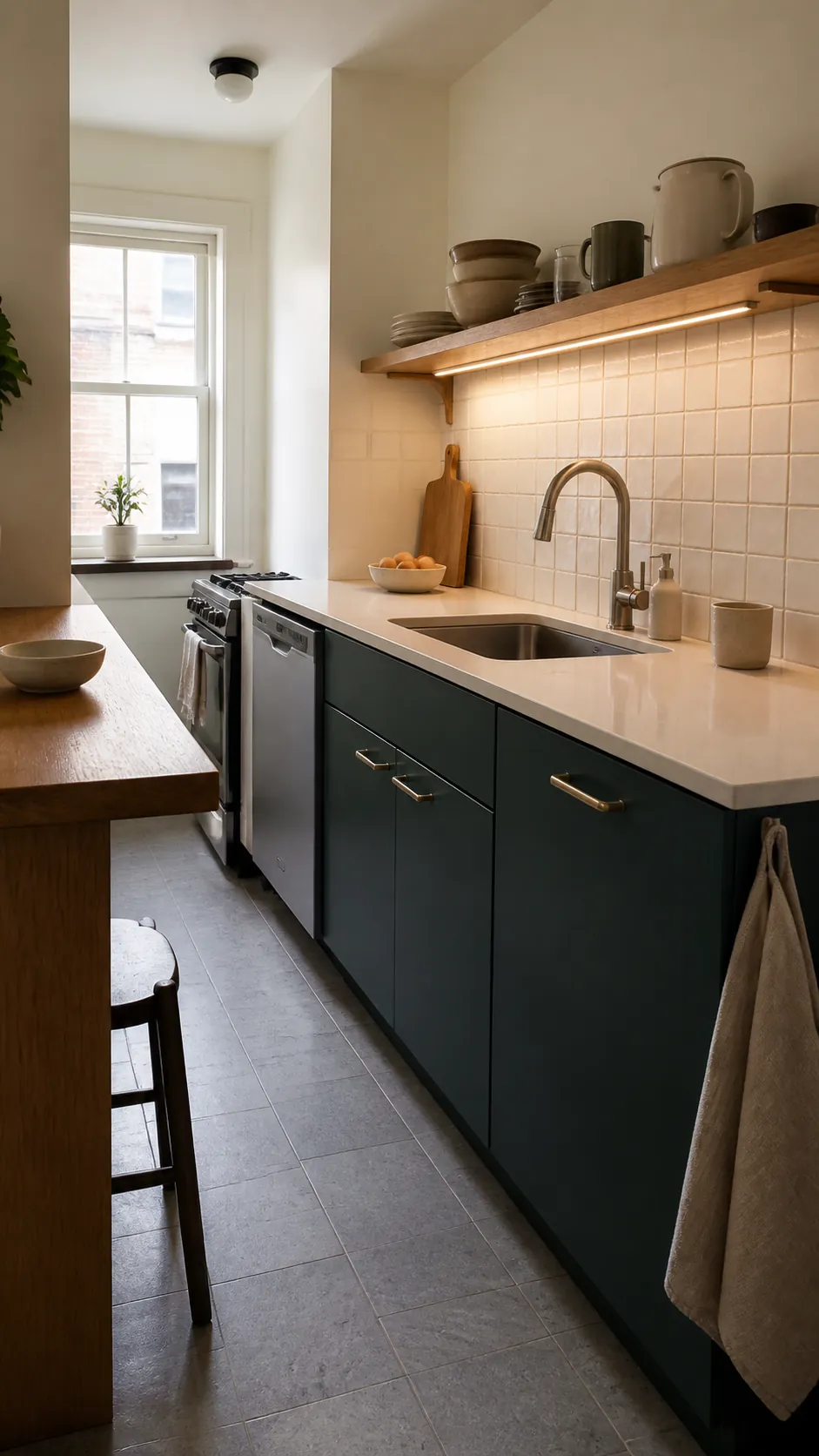 Midnight green kitchen cabinets paired with oak, cream, and aged brass