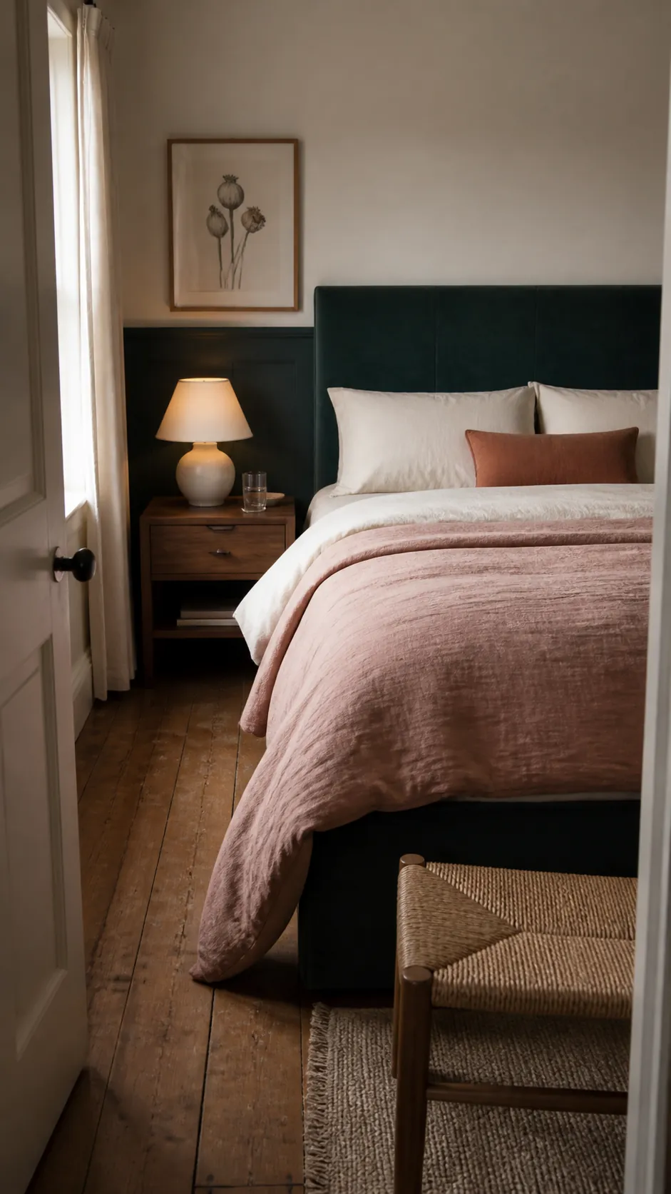 Midnight green bedroom palette with dusty pink linen and warm wood