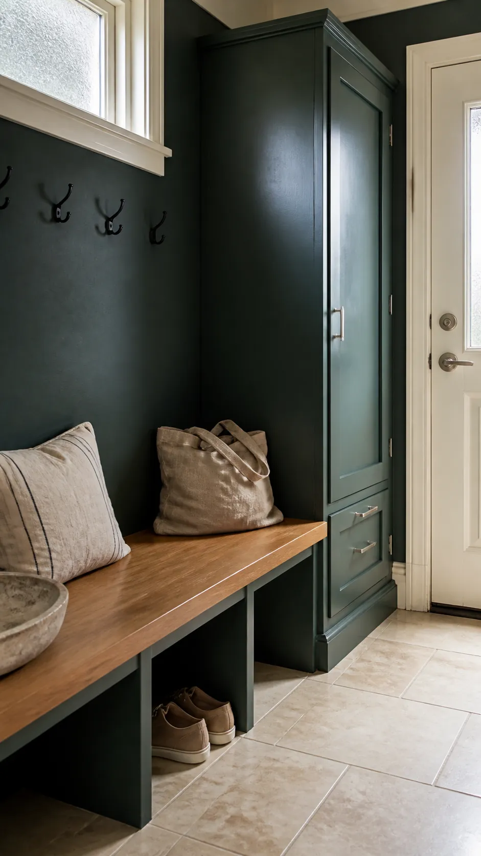 Midnight green matte wall and satin cabinet showing differences in paint finish