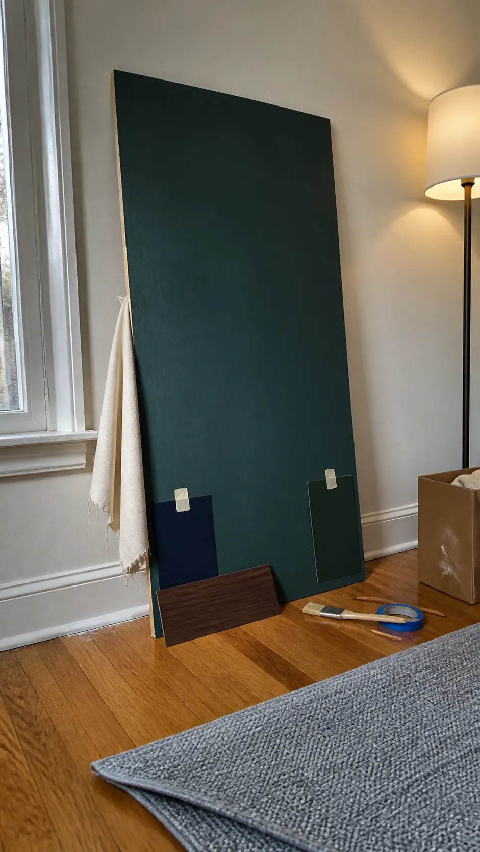 Large midnight green paint sample tested beside navy, forest green, wood, and cream