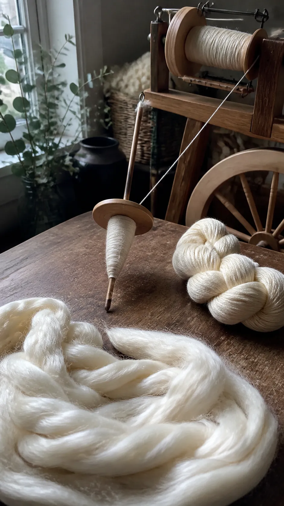 Silky bamboo fiber top, spindle, wheel bobbin, and finished yarn