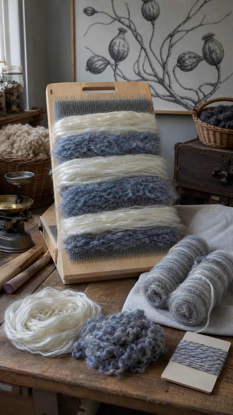 Bamboo viscose and wool fibers layered on a blending board