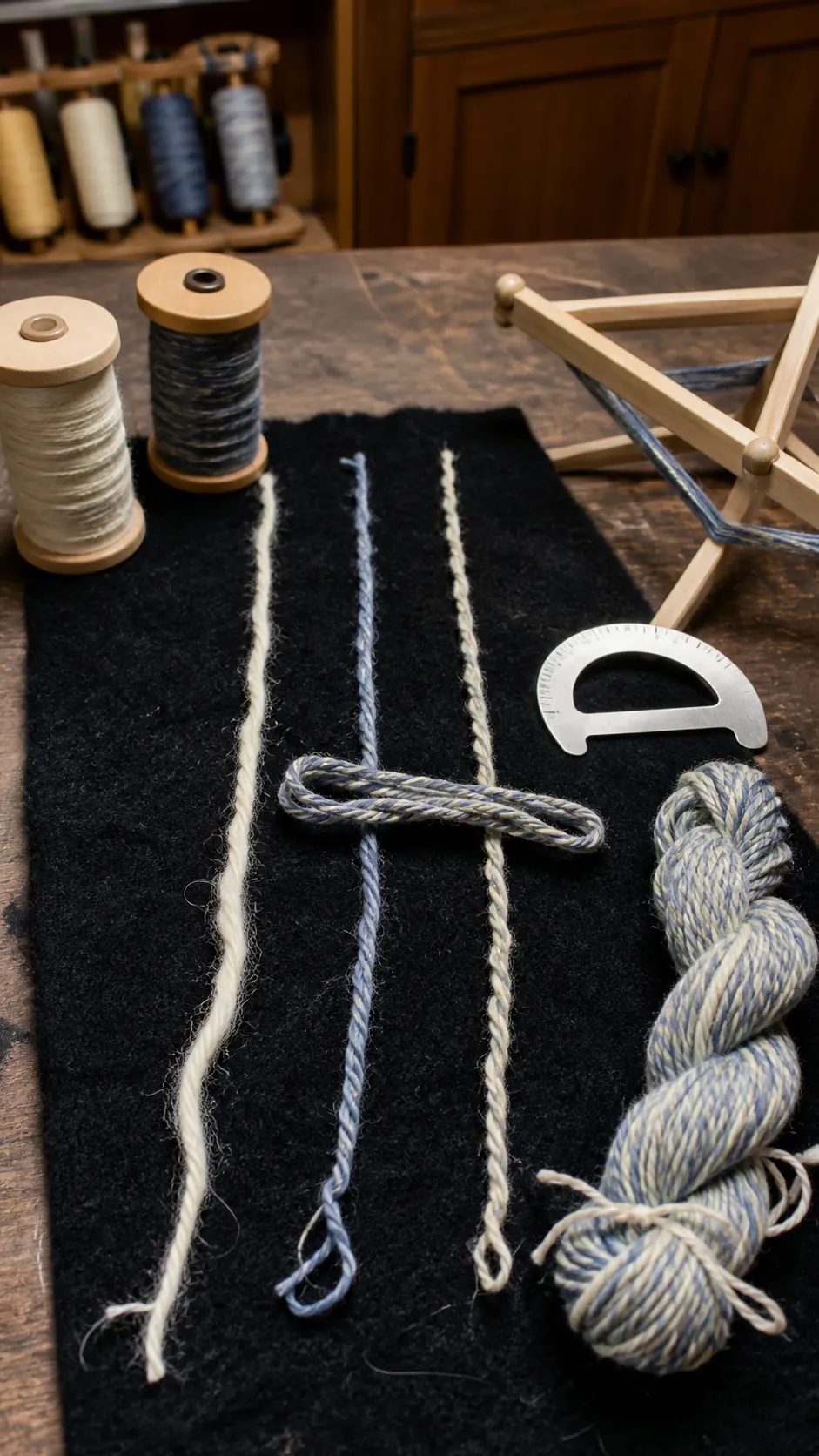 Bamboo yarn singles and balanced two ply samples on a worktable