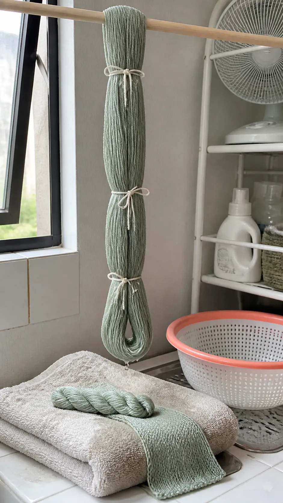 Finished handspun bamboo yarn skein drying naturally
