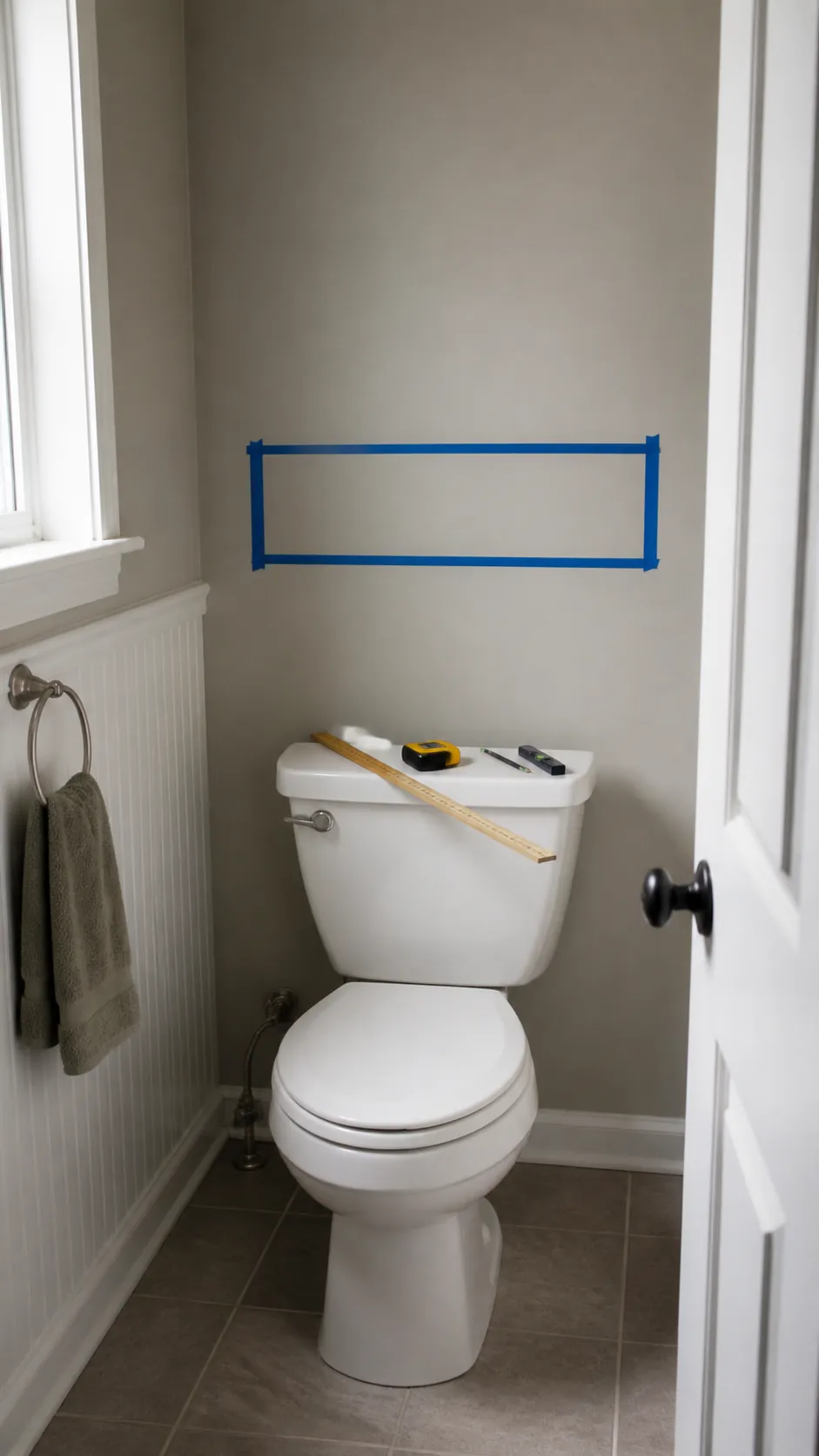 Painter's tape marking the correct shelf height above a toilet