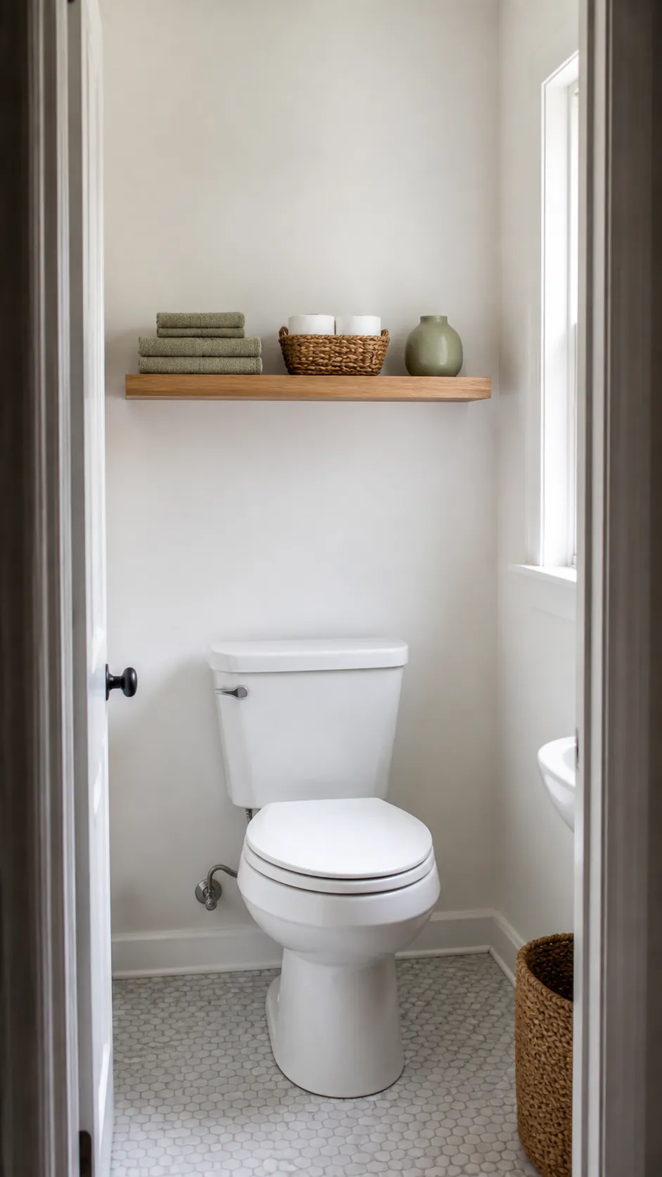 Well-proportioned floating shelf installed safely above a toilet