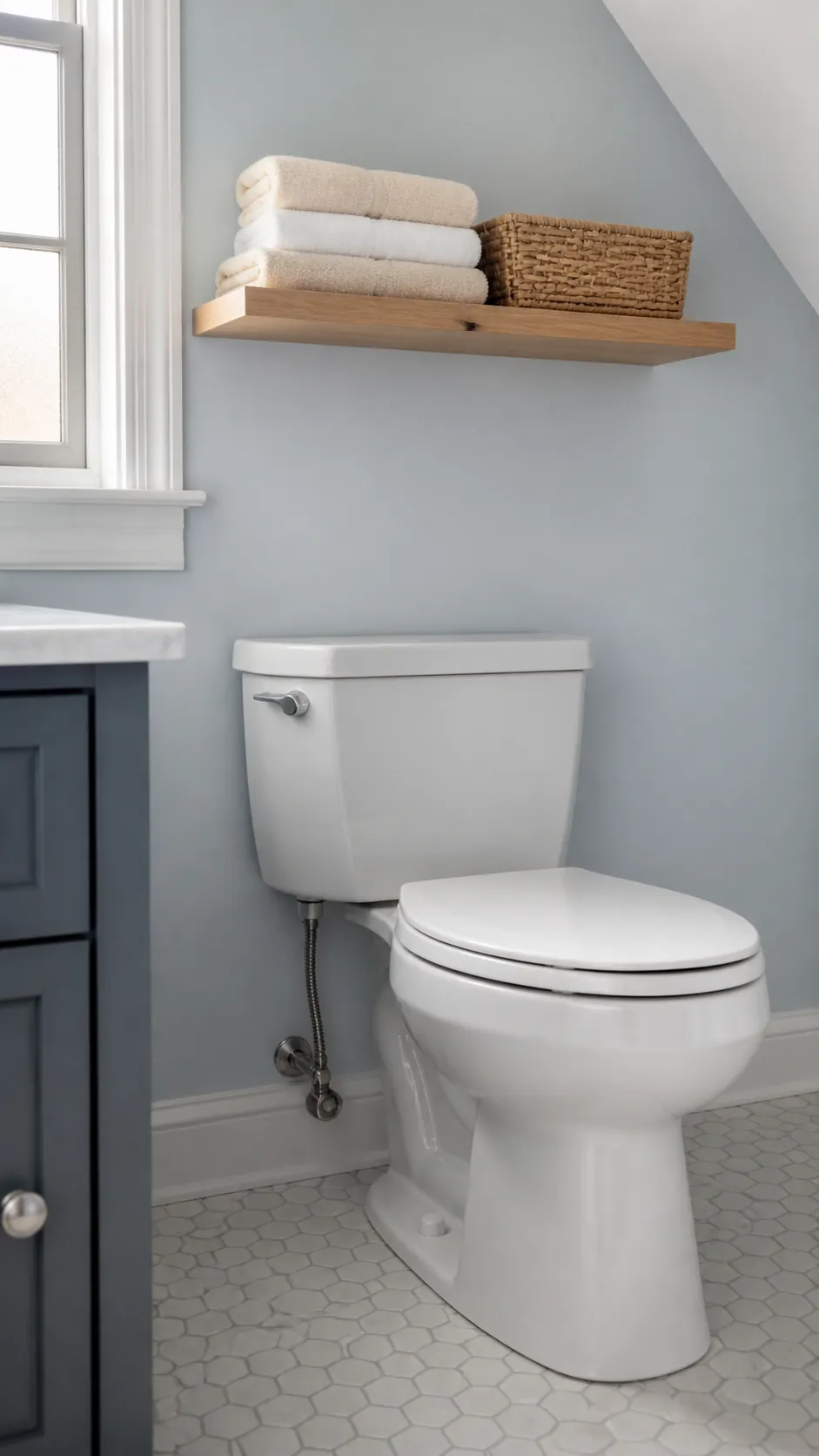 Shallow floating shelf with safe head and tank clearance above toilet
