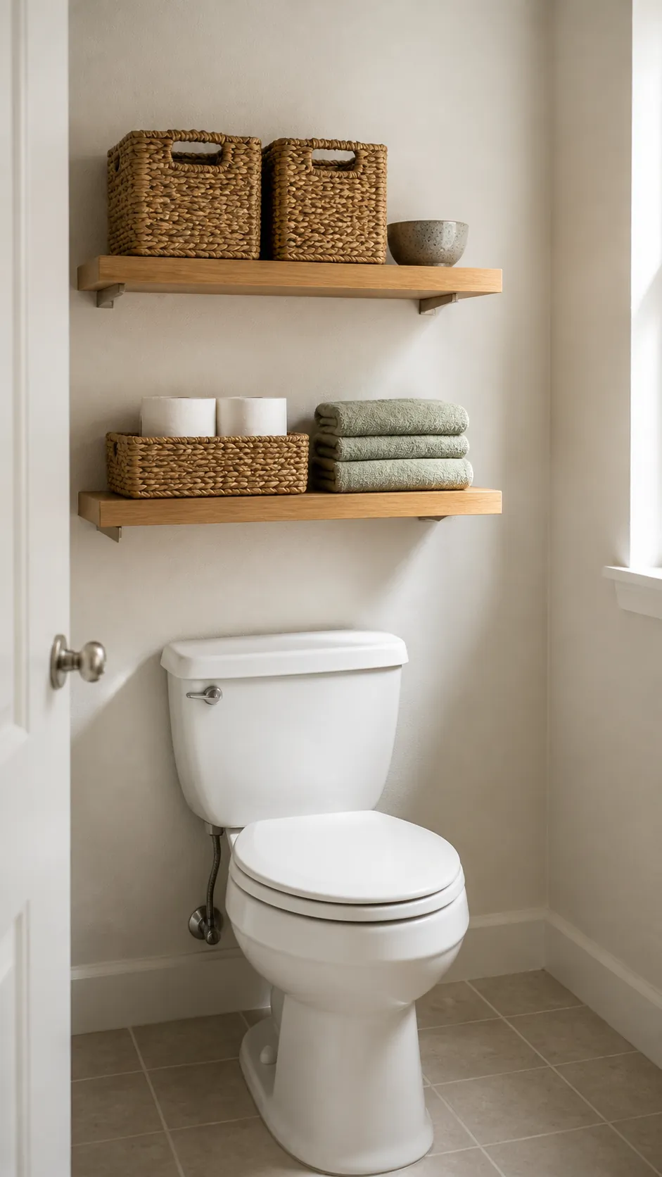 Two over-toilet shelves spaced for towels baskets and toilet paper