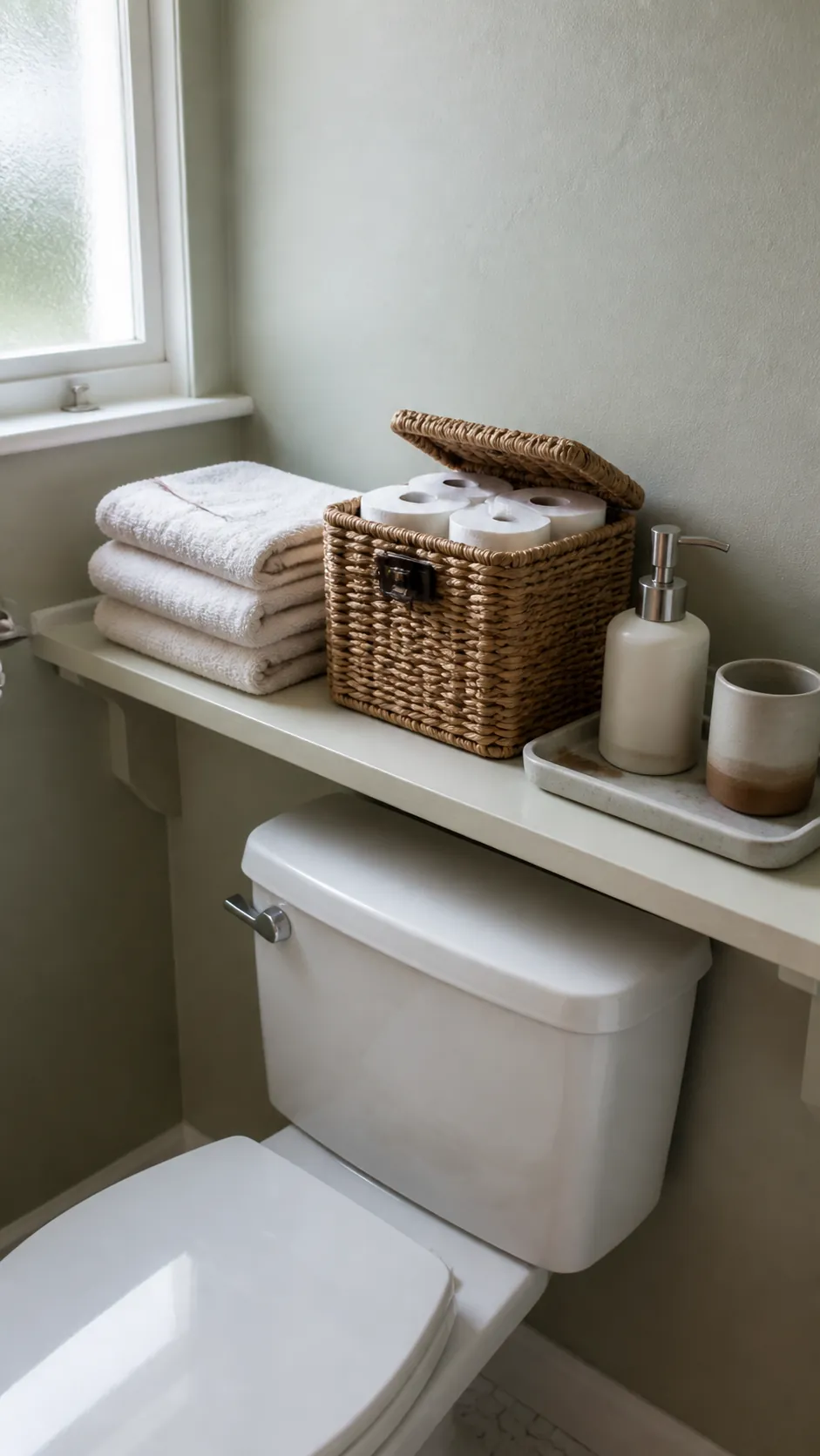 Safe over-toilet storage with towels paper and a stable basket