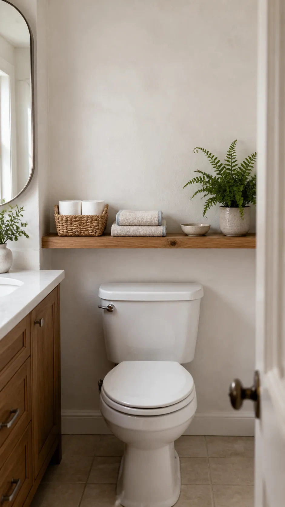 Simple toilet shelf decor with open space and practical supplies