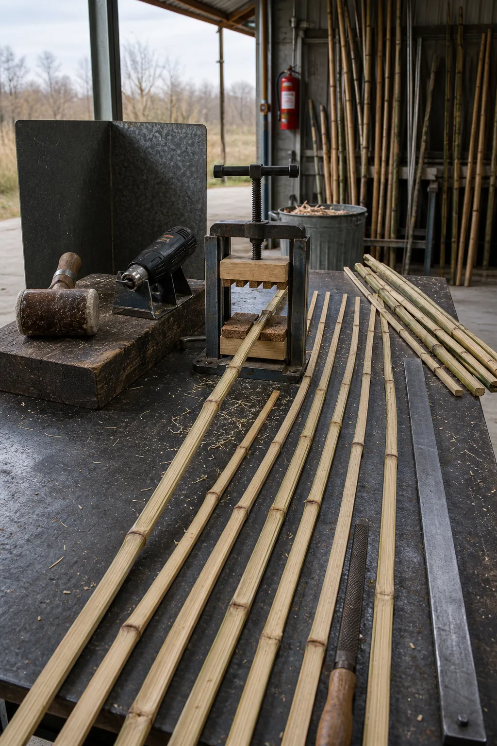 Split bamboo rod strips with staggered nodes being prepared