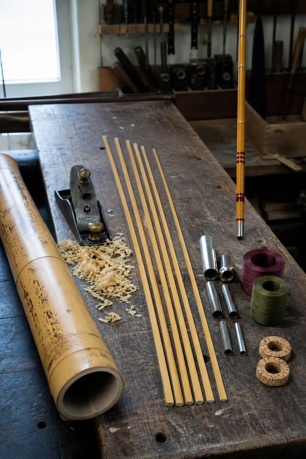 Split cane bamboo fishing rod blank, plane, ferrules, and finished rod