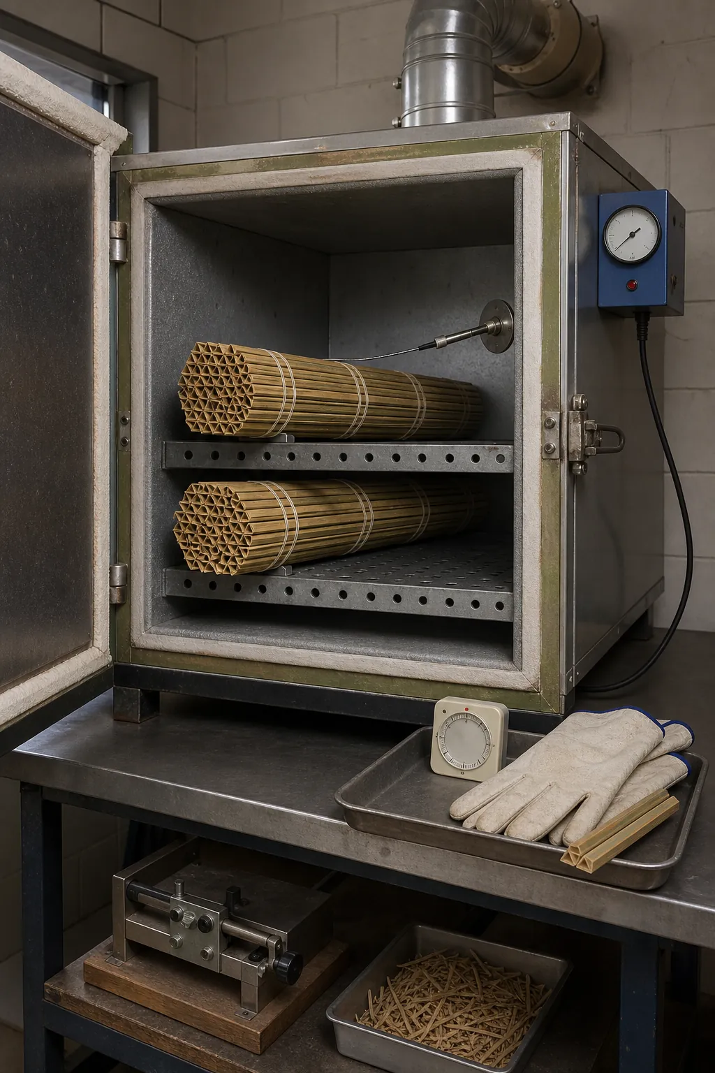 Bound bamboo fishing rod strips entering a controlled heat oven
