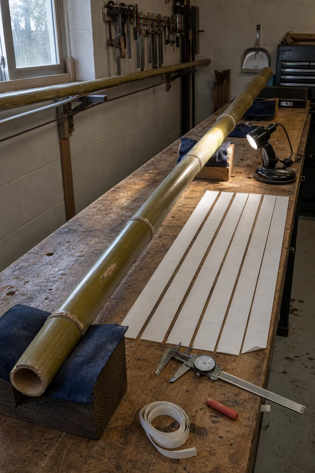 Tonkin bamboo culm beside a measured fishing rod taper plan