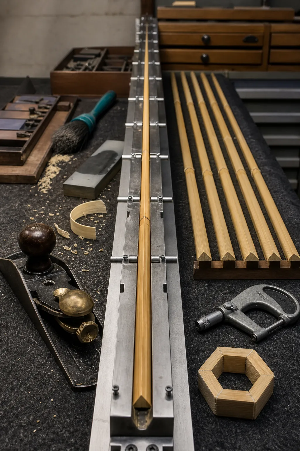 Triangular bamboo strips planed to taper in precision forms