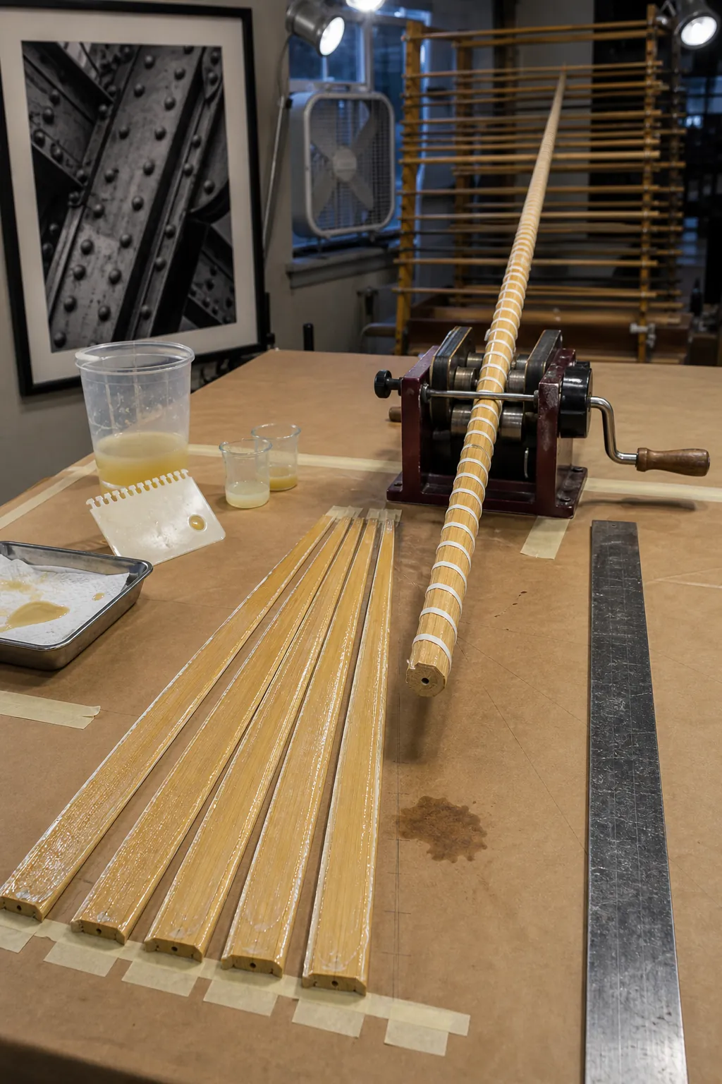 Six bamboo strips glued and thread-bound into a hexagonal rod blank