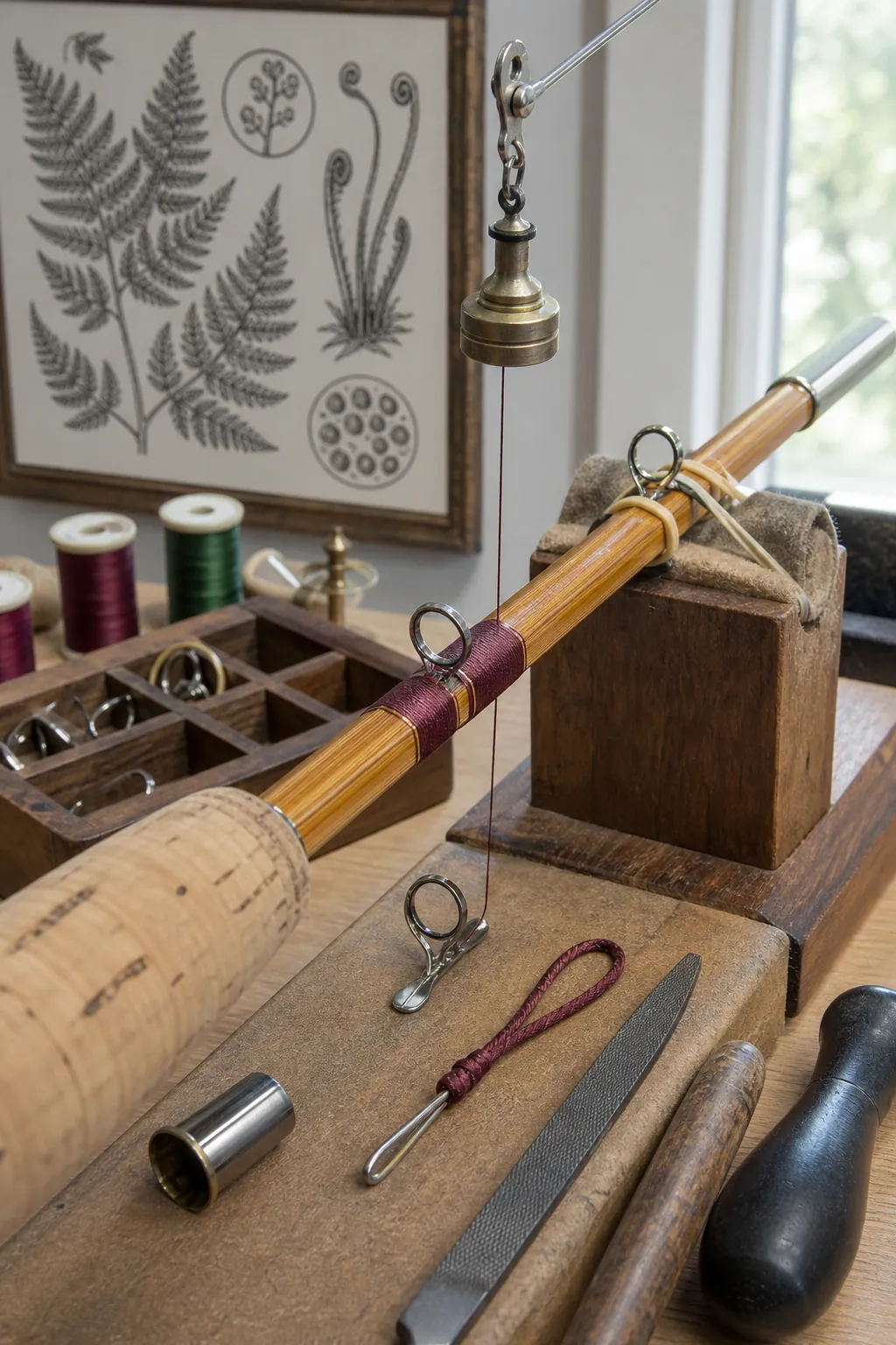 Silk thread wrapping a guide onto a handmade bamboo fishing rod