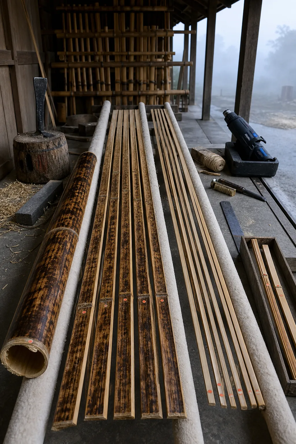 Tonkin cane strips selected and staggered for a bamboo fly rod