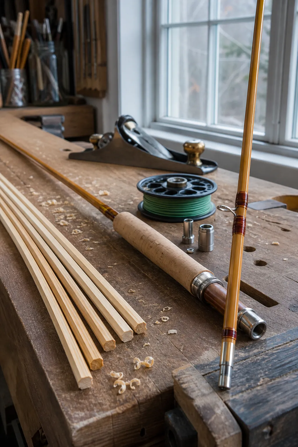 Handmade bamboo fly rod with cane strips, fly line, and precision tools