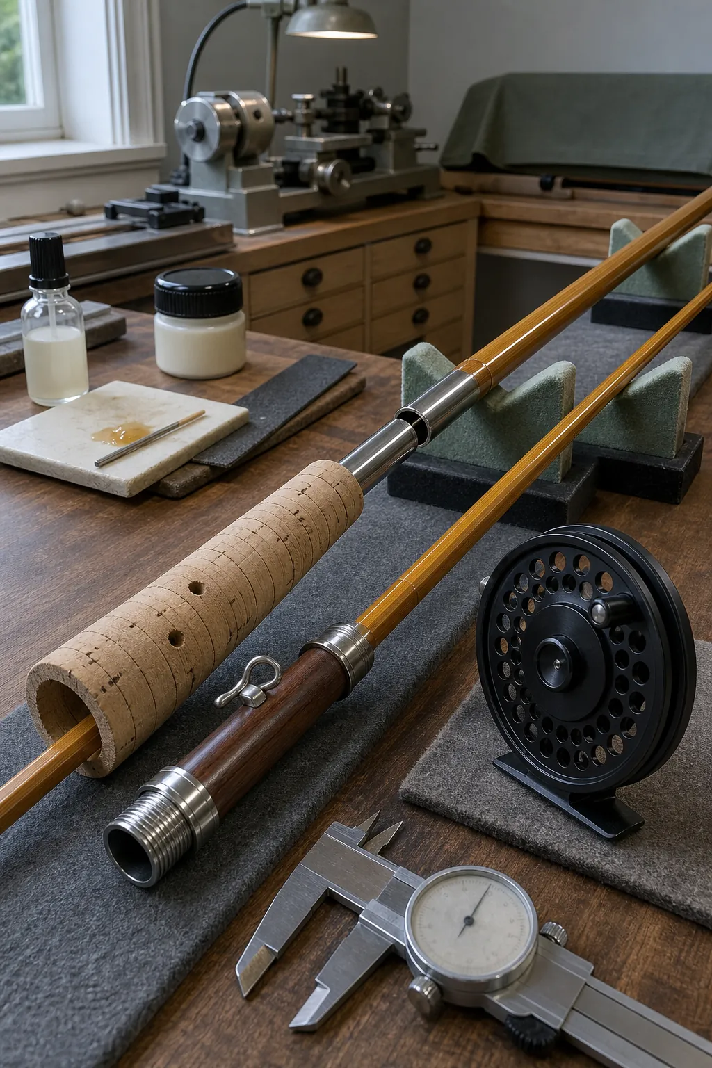 Nickel silver ferrule and cork grip fitted to a bamboo fly rod blank