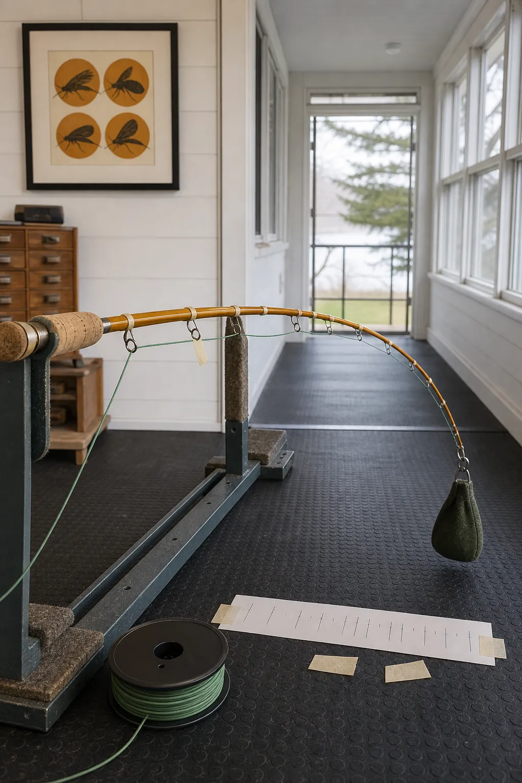 Bamboo fly rod undergoing a static guide spacing test