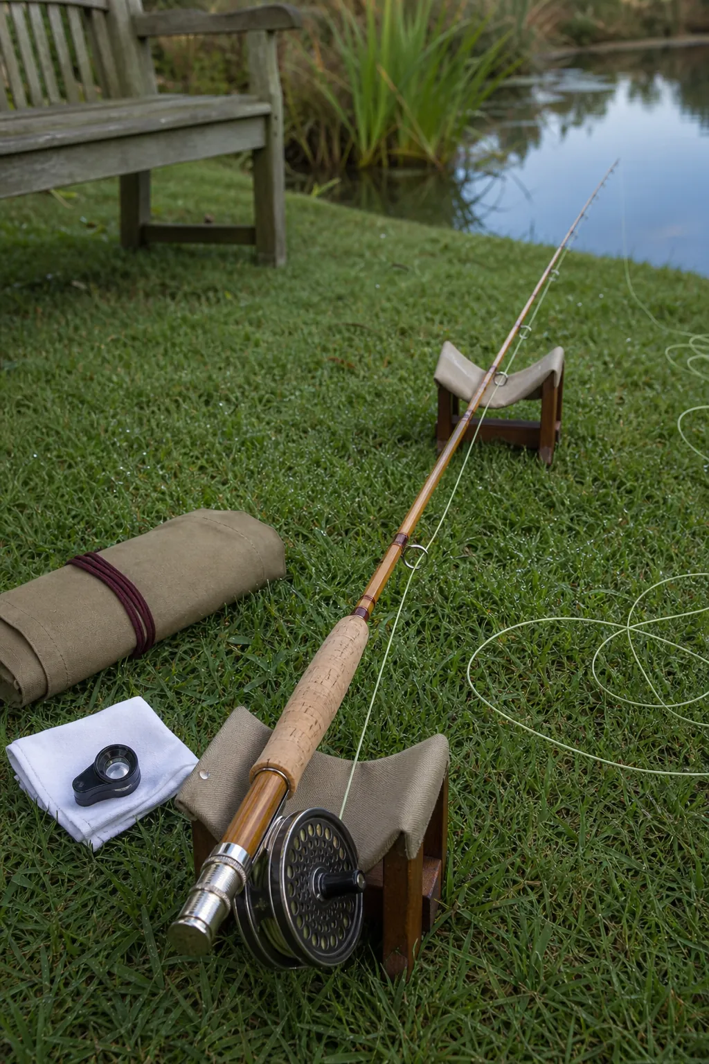 Finished bamboo fishing rod assembled for a gentle casting test after varnish cure