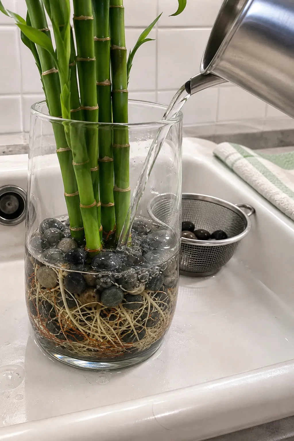 Fresh water being added around healthy lucky bamboo roots and clean pebbles