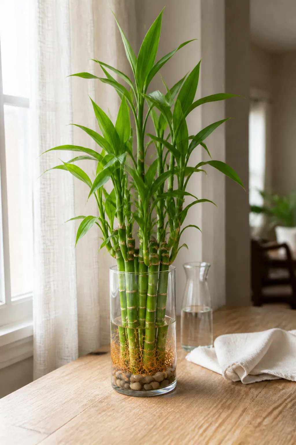 Healthy indoor lucky bamboo in clean water and bright indirect light