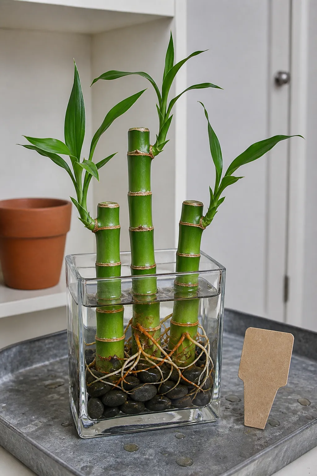 Lucky bamboo canes and leaves in a clear glass container for plant identification