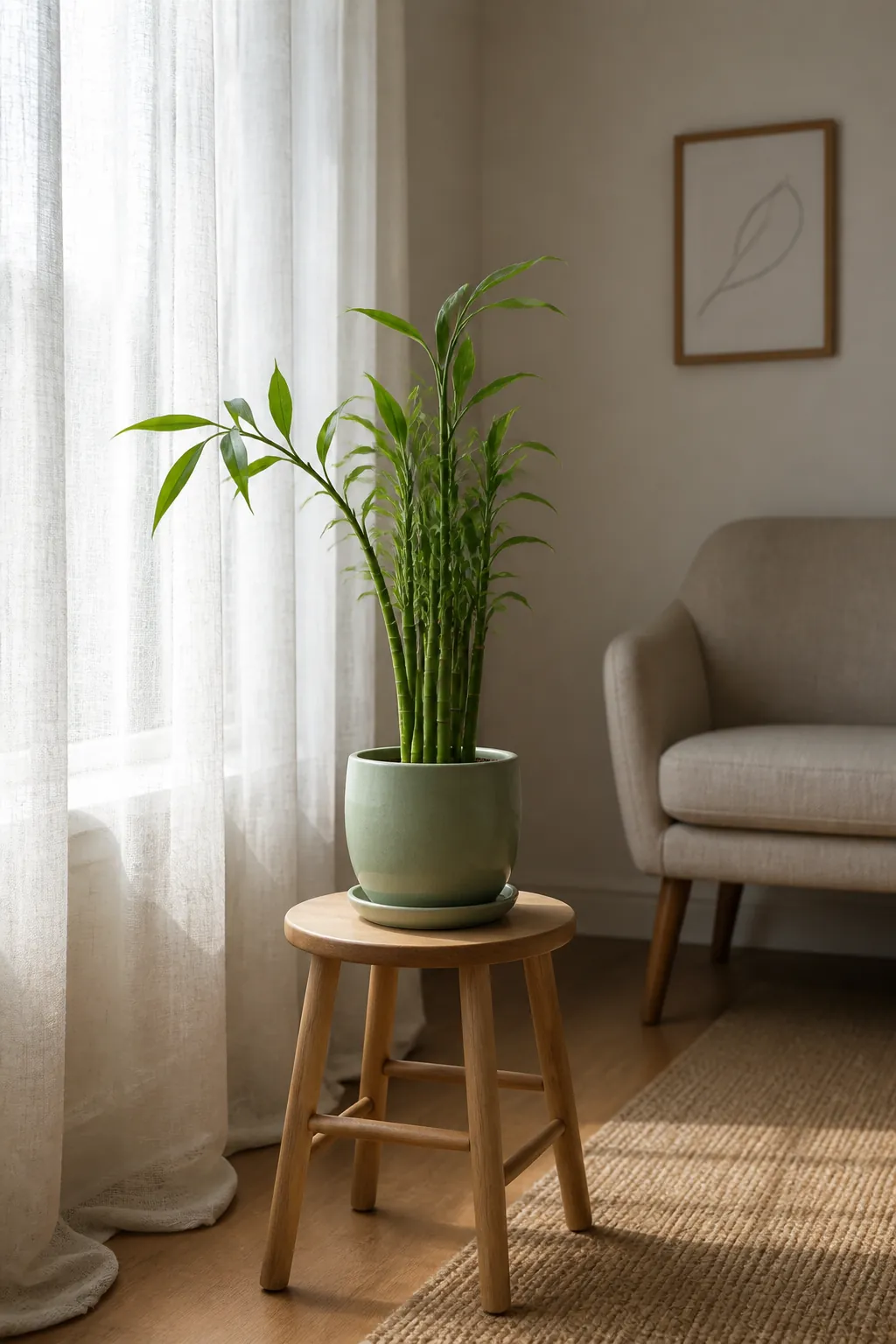 Indoor lucky bamboo receiving bright indirect window light through a sheer curtain
