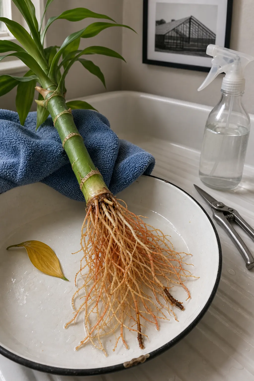 Healthy and damaged lucky bamboo roots compared beside a yellow leaf