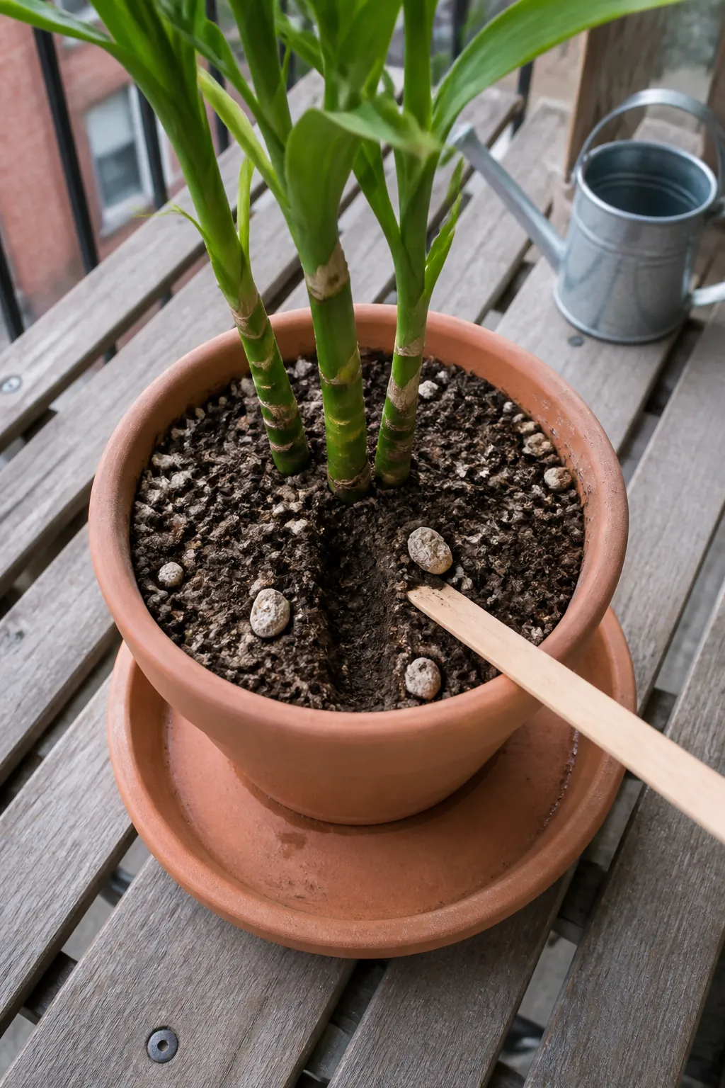 Hand checking the top inch of soil in a draining lucky bamboo pot
