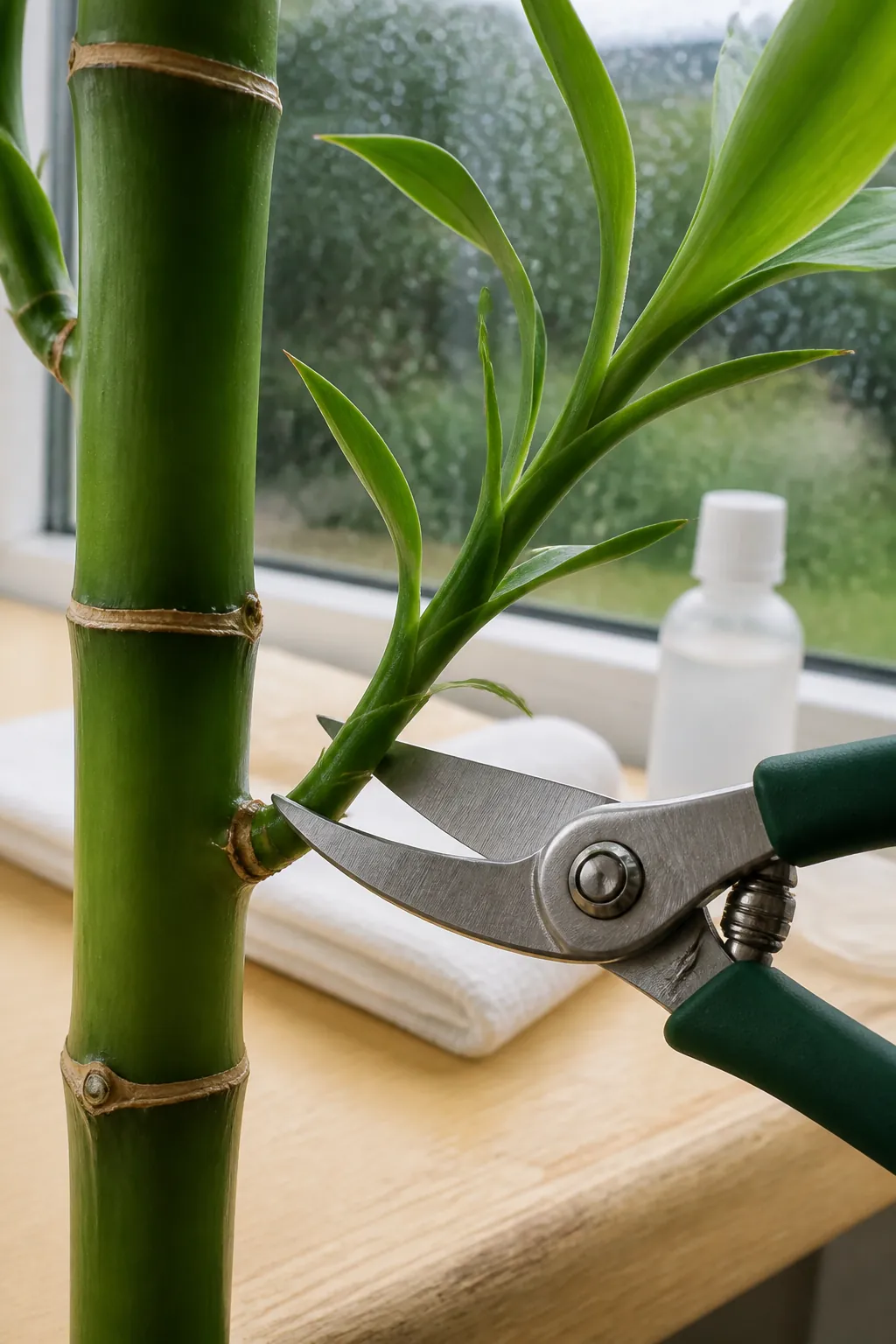 Clean pruning shears trimming a long lucky bamboo side shoot above a node