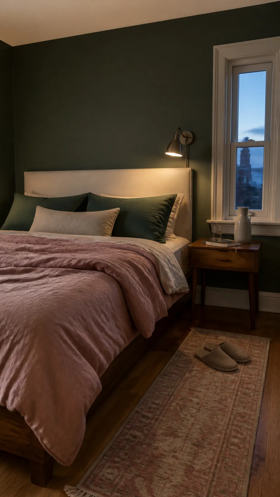Forest green bedroom color scheme with dusty blush bedding and warm wood