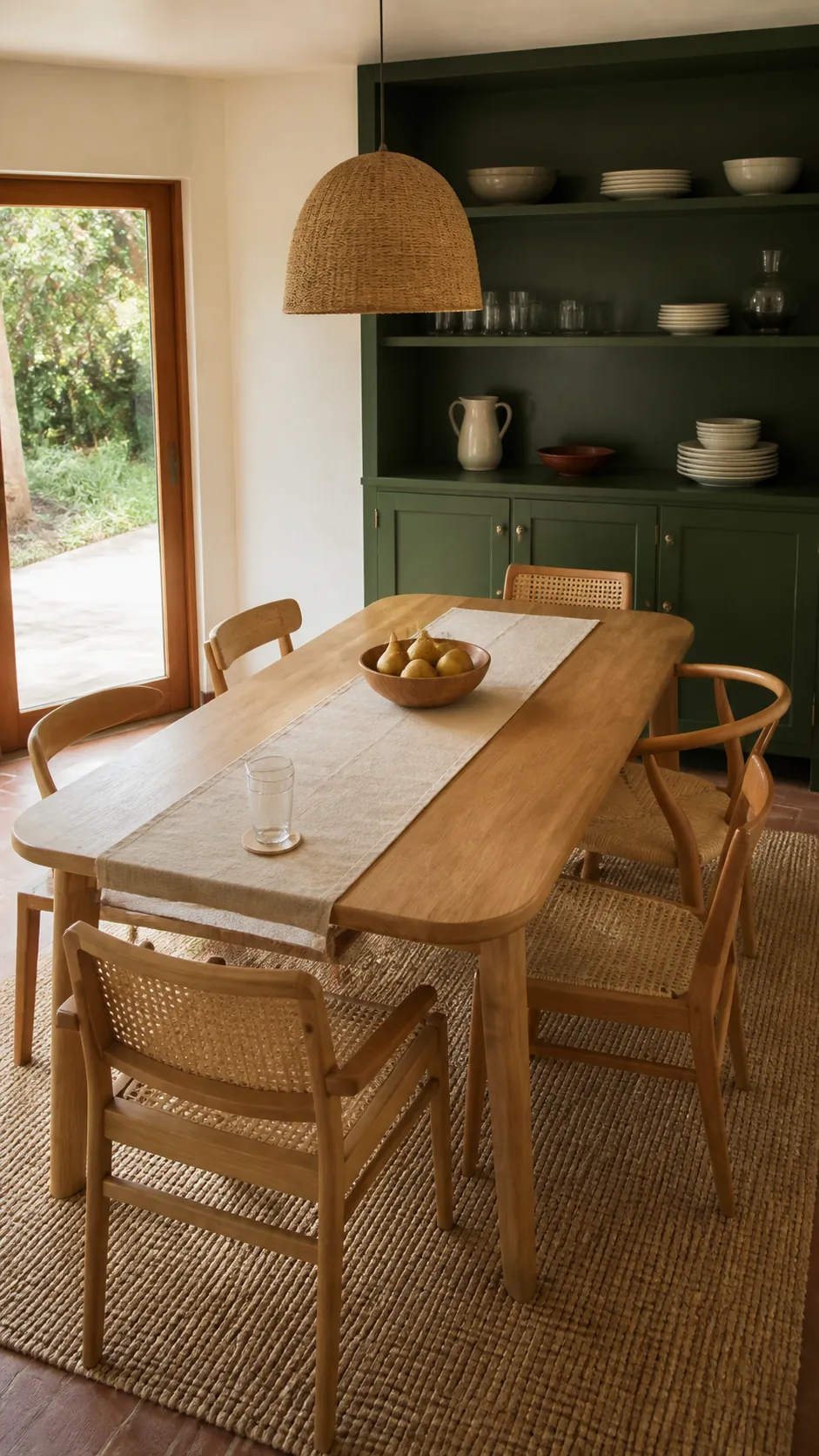 Forest green dining room paired with a natural oak table and woven textures