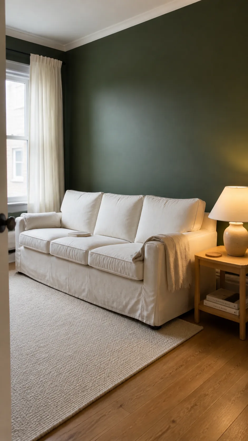 Forest green living room walls paired with warm white upholstery and oak furniture