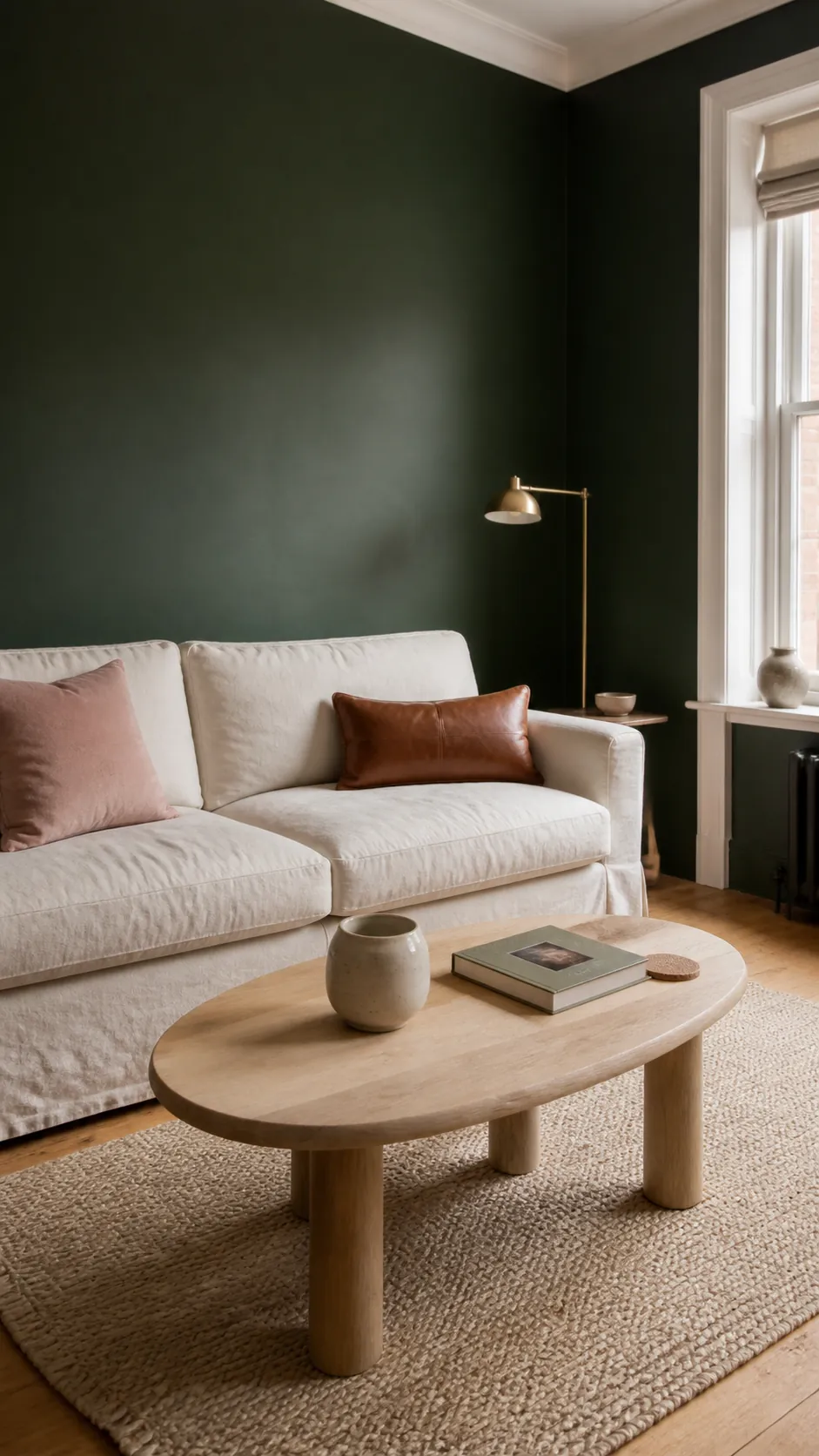 Forest green interior color palette with warm white, oak, blush, and terracotta accents