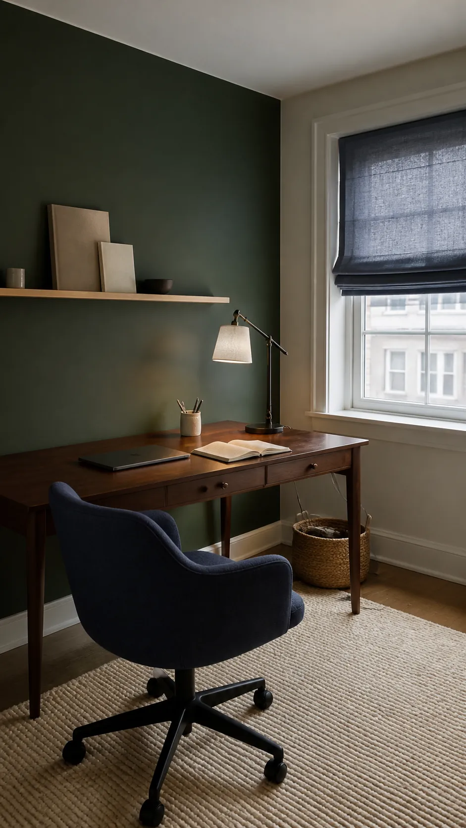 Forest green home office with muted navy textiles and walnut desk